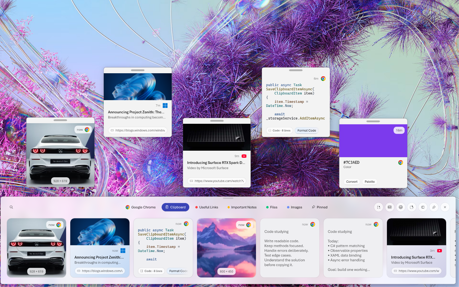 ModernPaste floating cards on a desktop: a link card, a code snippet card, a video card, and a color swatch card