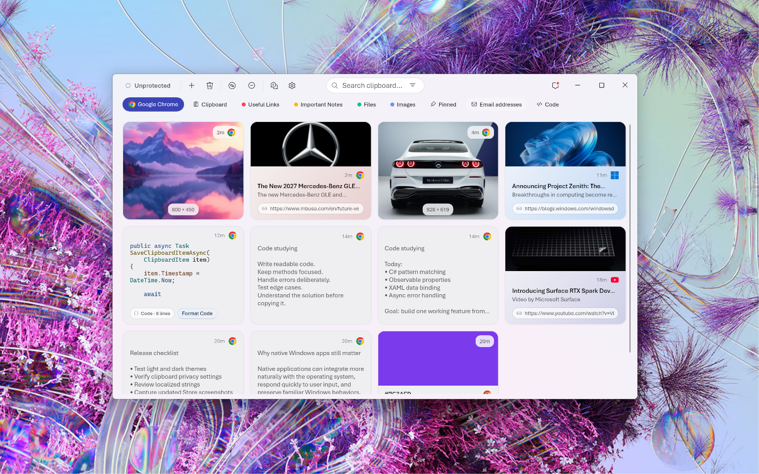 ModernPaste full-window canvas with clipboard search, source filters, and a grid of link, image, code, and note cards